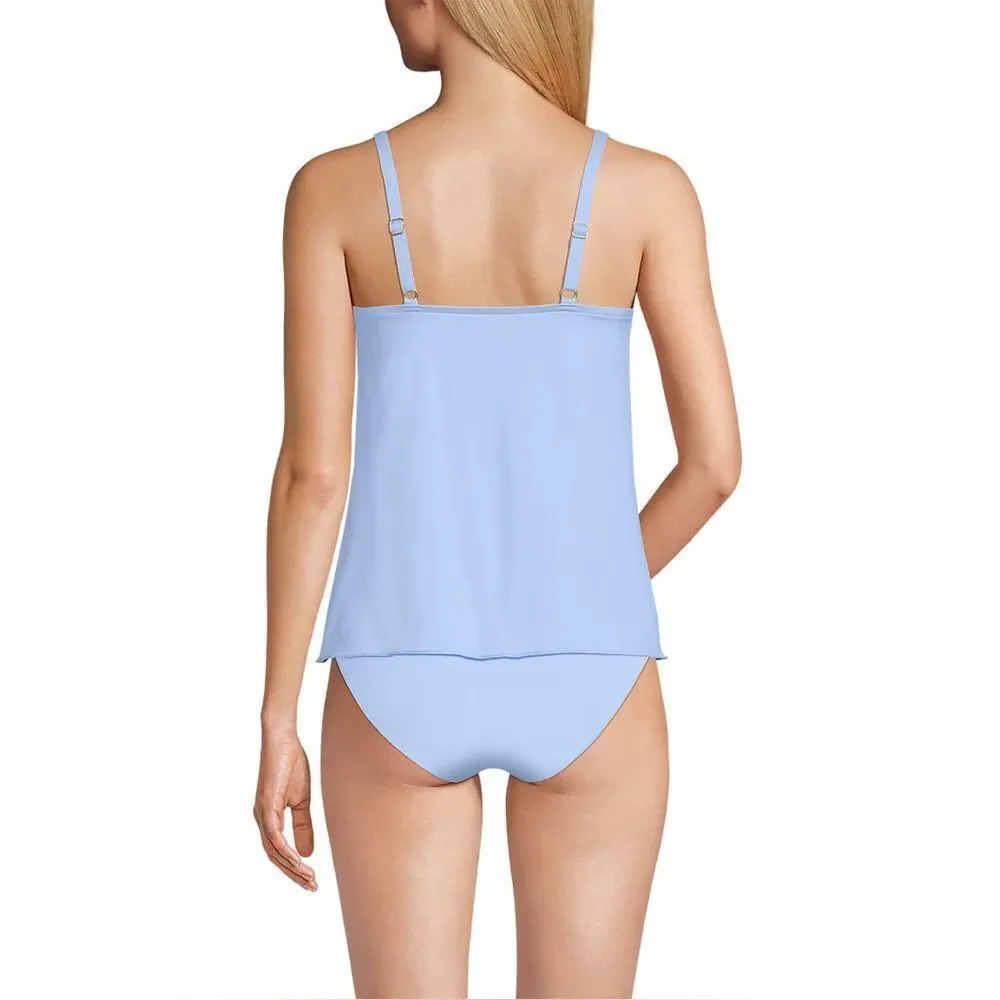 Land's End Tankini Top Tulip hem V Neck Strappy adjustable Soft Cloud Blue Var